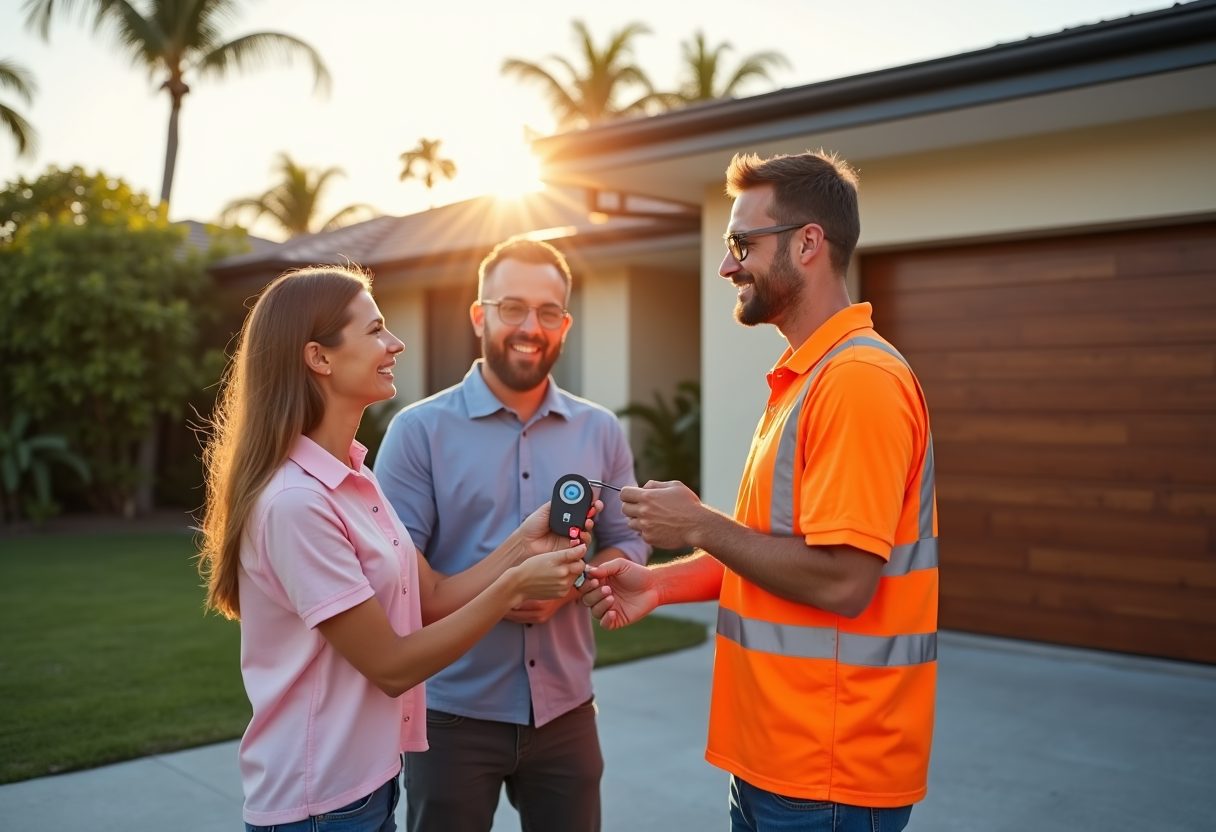 Technician handing over a garage remote at sunset — Coomera