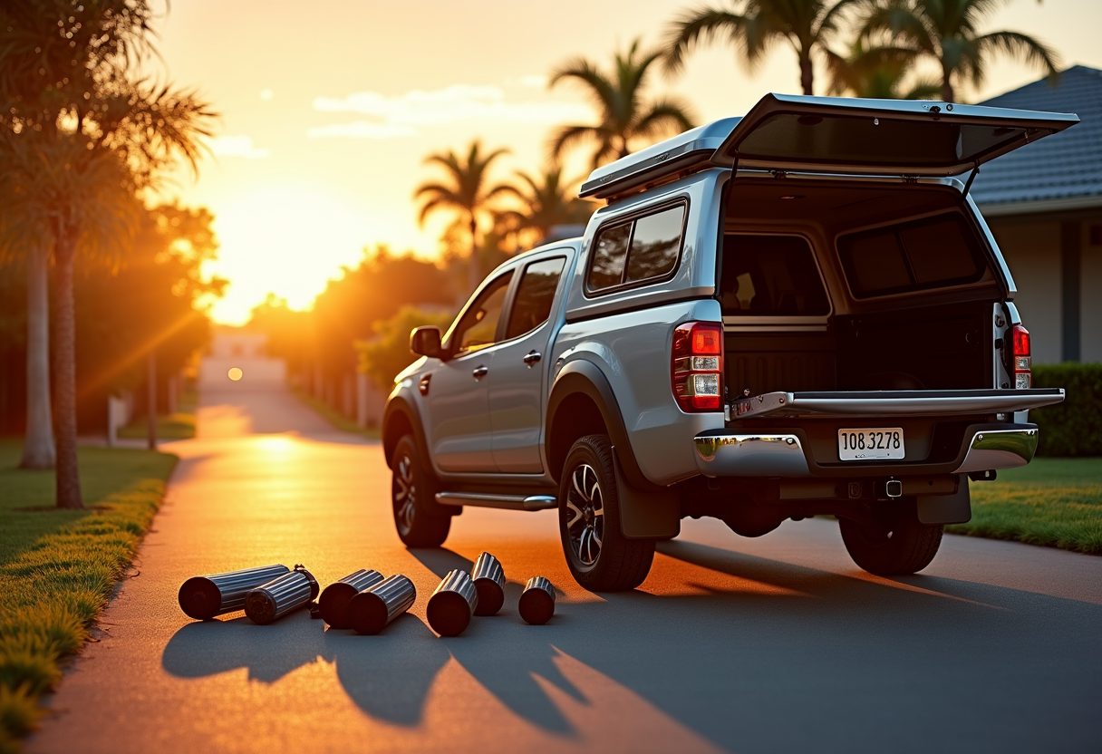 Technician ute with parts laid out at sunset — Coomera